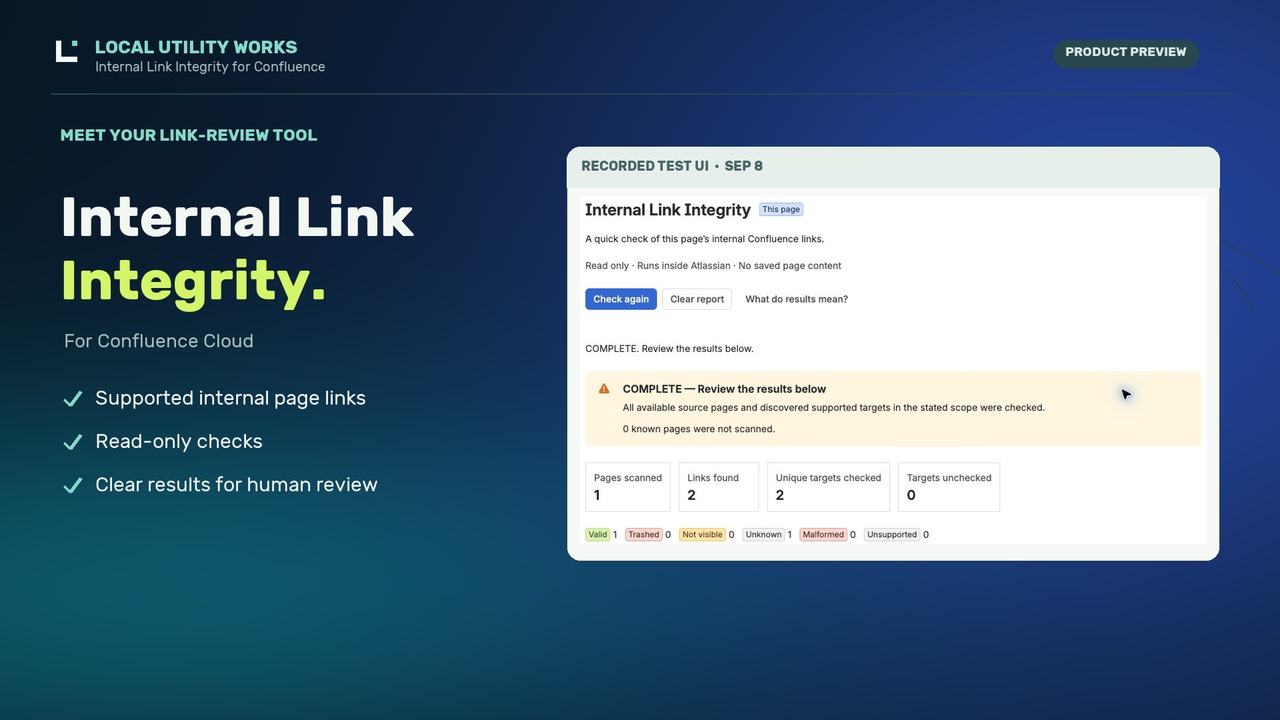 Internal Link Integrity product preview showing a Confluence link-check report